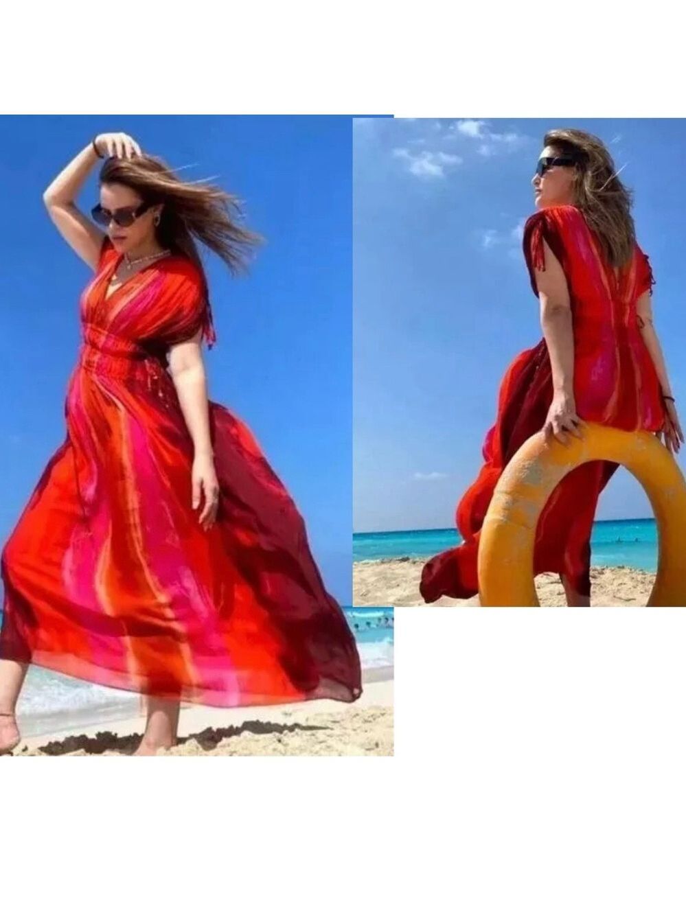 Zara red pink tie-dye BoHo V-neck midi dress Sz M tropical beach vacation NWOT - Picture 4 of 16